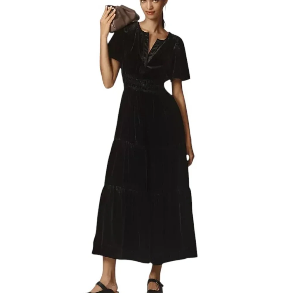 Anthropologie The Somerset Maxi Dress, Velvet Edition, Black, V-Neck, Size Small - Picture 2 of 7